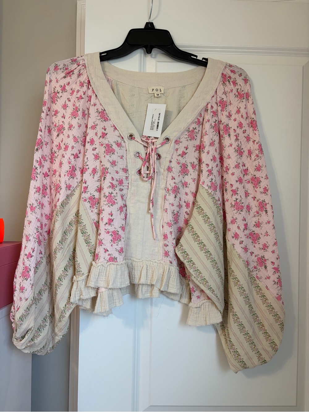 POL Pink Floral Lace-Up Long Sleeve Boho Top
